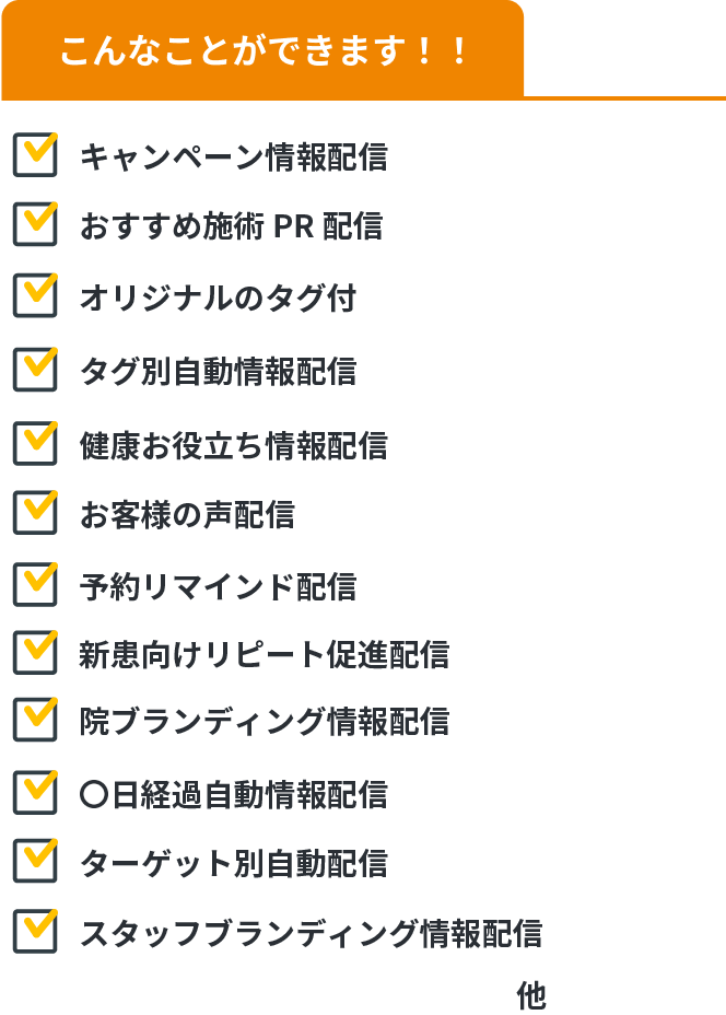 こんなことができます！！キャンペーン配信、健康お役立ち情報配信、季節別コミュニティ配信、季節別コミュニティ配信、お客様の声配信、●日経過配信、高度セグメント、セグメント別配信アプローチ、スタッフプロフィール配信